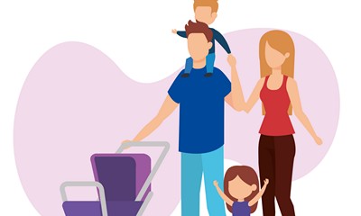 parents couple with cart baby characters